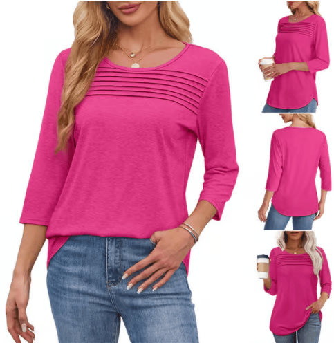 🔥Last Day 60% OFF🔥 2025 Women's 3/4 Length Sleeve Top Pleated Front T-Shirt