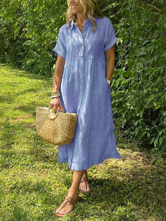 🔥LAST DAY SALE 50% OFF🔥 Striped Lapel Functional Pockets Button Down Shirt Dress