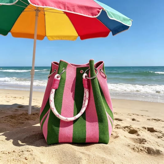 🏆👜 Limited Time Special Price ￡7.99!!✨  Boho Striped Knit Bucket Handbag for Women – Handmade Summer Beach Shoulder Bag