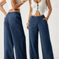 Women's Cotton Linen Palazzo Pants Summer Flowy Wide Straight Leg Beach Trousers With Pocket Casual Solid Color Soft Elastic High Waist Lounge Pants