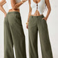 Women's Cotton Linen Palazzo Pants Summer Flowy Wide Straight Leg Beach Trousers With Pocket Casual Solid Color Soft Elastic High Waist Lounge Pants