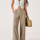 Women's Cotton Linen Palazzo Pants Summer Flowy Wide Straight Leg Beach Trousers With Pocket Casual Solid Color Soft Elastic High Waist Lounge Pants