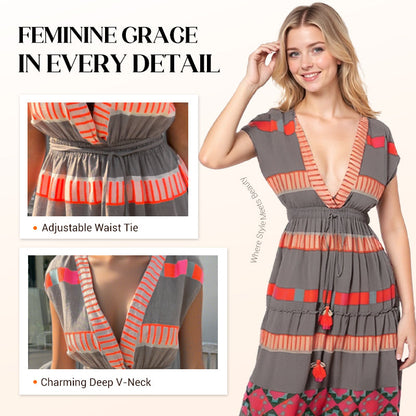 💕 Women's Loose V-Neck Vintage Stripe Pattern Sleeveless Dress