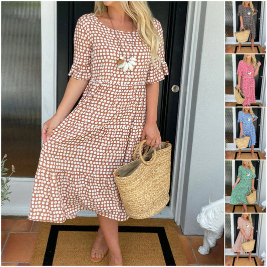 ☄️NEW HOT SALE🎉Round Neck Polka Dot Print Midi Dress