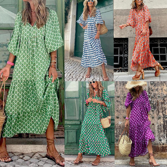 🌸Limited Sale 70% Off🌸Women's Elegant Puff Sleeve Floral Boho Maxi Dress