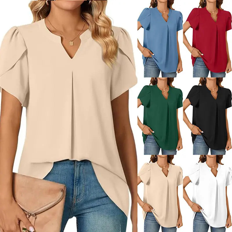 💖HOT SALE 50% OFF💖Women's V-Neck Solid Color Short Sleeve Top – verginy