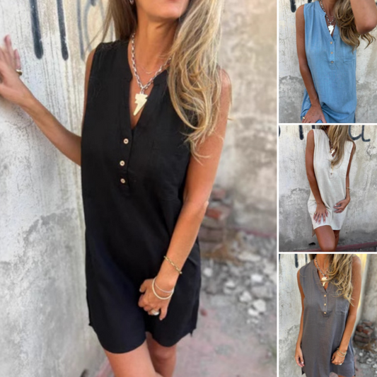 Women's Sleeveless Button Pocket V-Neck Dress