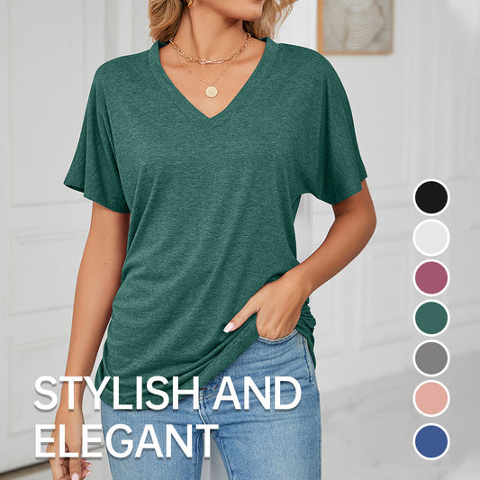 🌸Last Day Promotion!!🌸Women's V-Neck Loose Soft Solid Color Short Sleeve Top