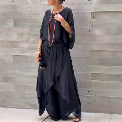 💖Spring Sale💖Loose Top & Slit Wide-Leg Pants Chiffon 2-Piece Set