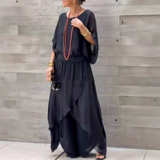 💖Spring Sale💖Loose Top & Slit Wide-Leg Pants Chiffon 2-Piece Set