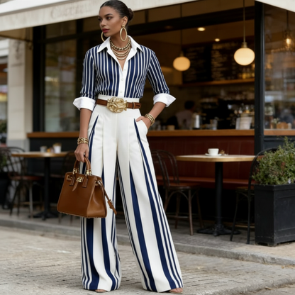 📢📢50% OFF!!⏰Women's Striped Shirt & Wide-Leg Pants 2-Piece Set