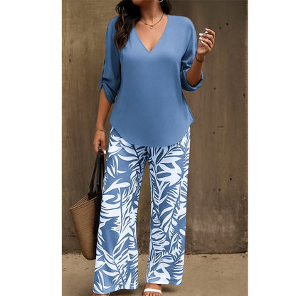💖LAST DAY SALE: 70% Off !!💖Women's V-Neck Blouse & Printed Wide-Leg Pants Set