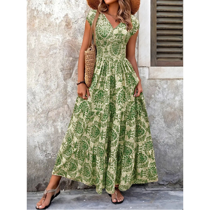 🏖️Summer Cool Deal: 60% OFF!!💃Women’s V-Neck Smocked Floral Maxi Dress – Lightweight Cotton Blend, Summer Essential