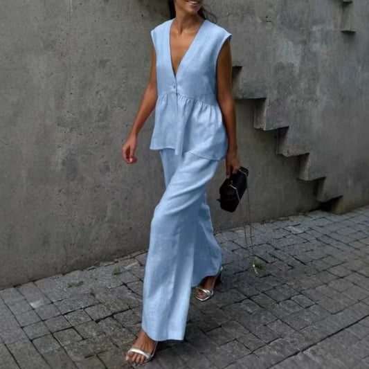 👚50% OFF NOW!👖Solid Color V-Neck Sleeveless Top & Wide Leg Pants Two-Piece Set