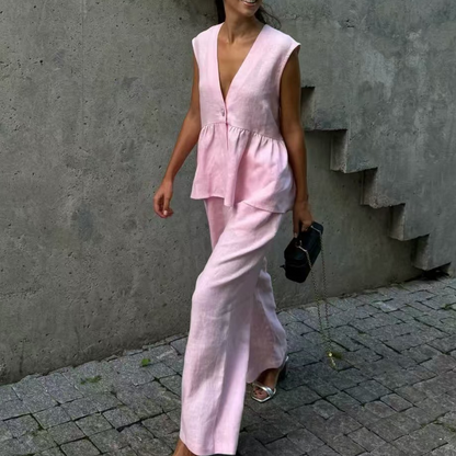 👚50% OFF NOW!👖Solid Color V-Neck Sleeveless Top & Wide Leg Pants Two-Piece Set