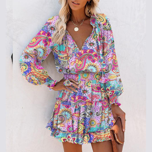 💖✨New Arrival🥰🎁Women's V-Neck Long Sleeve Ruffle Hem Mini Dress