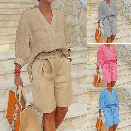 💥 Women’s Casual V Neck Top and Shorts Set 🍃